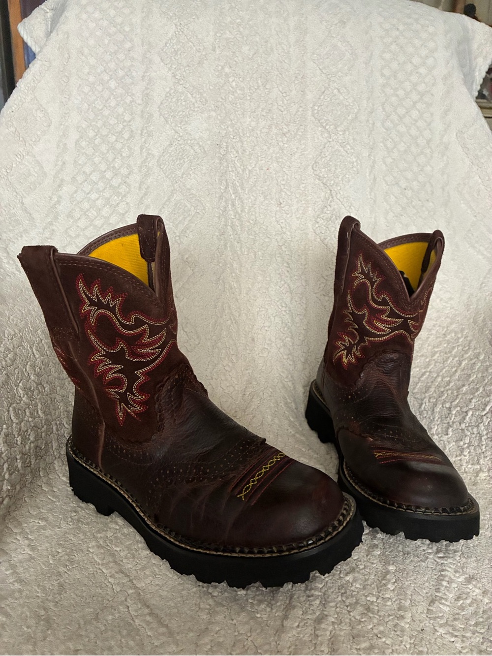 ARIAT  Brown Leather Western Work Boots with Red & Yellow Stitching - Picture 2 of 7